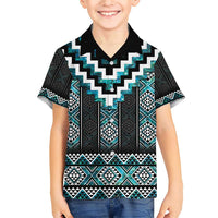 Paua Shell Taniko Pattern Aotearoa Family Matching Short Sleeve Bodycon Dress and Hawaiian Shirt Niho Taniwha Mix Poutama LT14 Son's Shirt Turquoise - Polynesian Pride