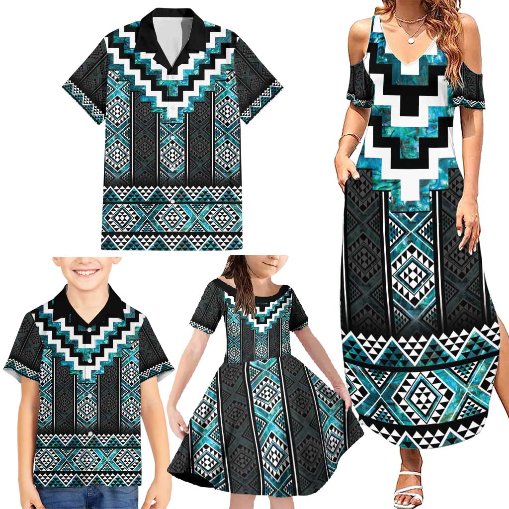 Paua Shell Taniko Pattern Aotearoa Family Matching Summer Maxi Dress and Hawaiian Shirt Niho Taniwha Mix Poutama LT14 - Polynesian Pride