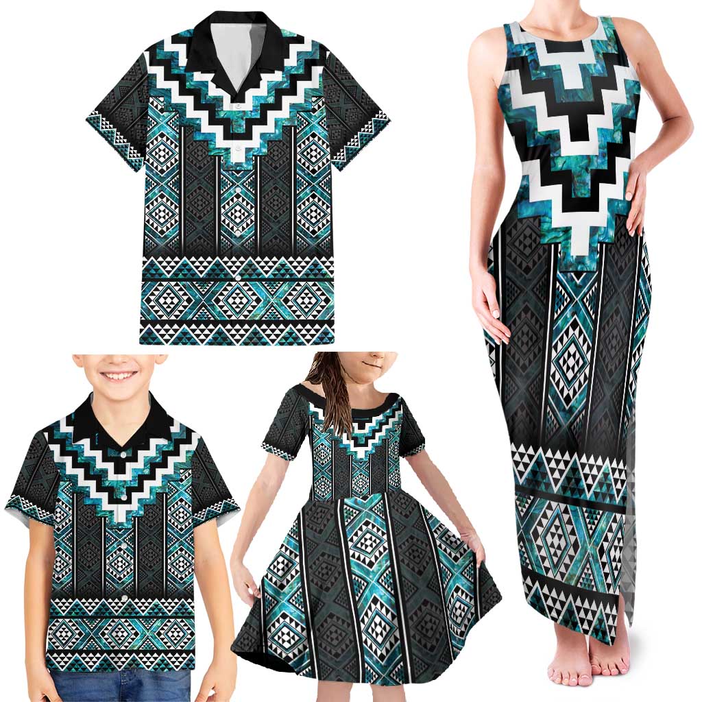 Paua Shell Taniko Pattern Aotearoa Family Matching Tank Maxi Dress and Hawaiian Shirt Niho Taniwha Mix Poutama LT14 - Polynesian Pride