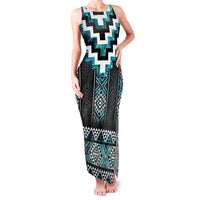 Paua Shell Taniko Pattern Aotearoa Family Matching Tank Maxi Dress and Hawaiian Shirt Niho Taniwha Mix Poutama LT14 Mom's Dress Turquoise - Polynesian Pride