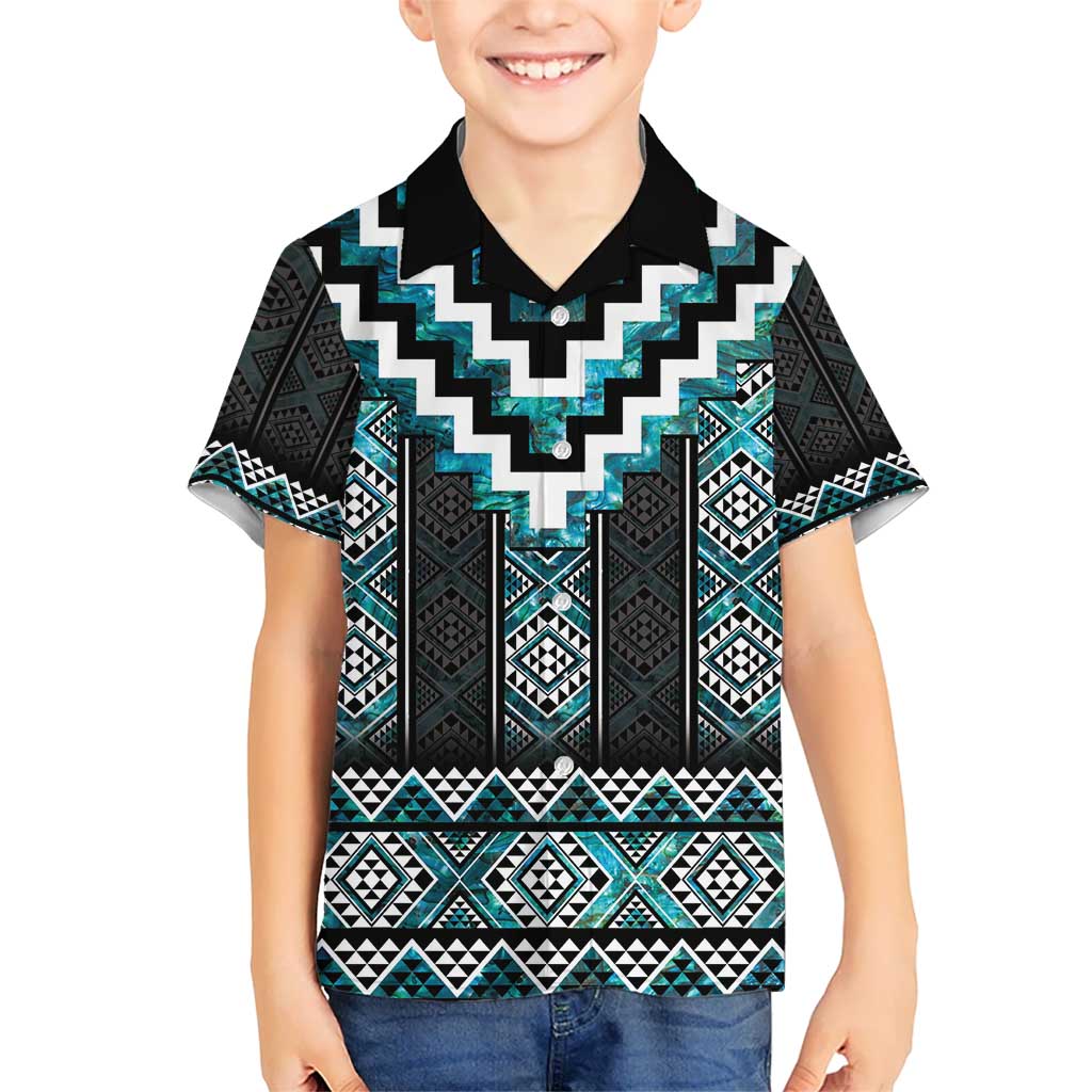Paua Shell Taniko Pattern Aotearoa Kid Hawaiian Shirt Niho Taniwha Mix Poutama LT14 Kid Turquoise - Polynesian Pride