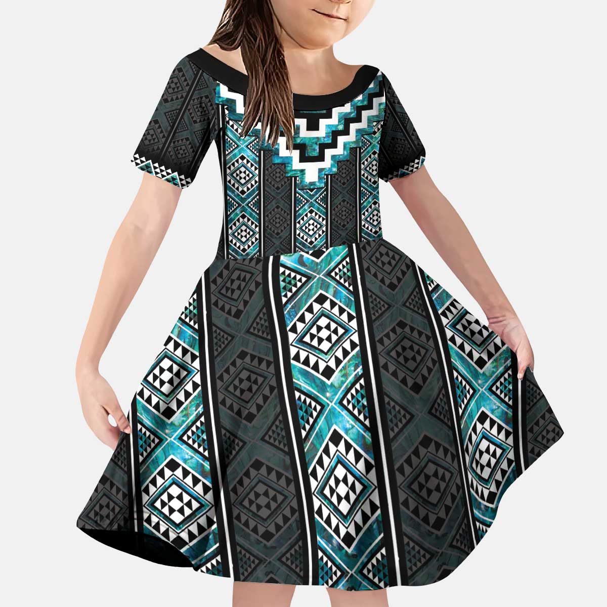 Paua Shell Taniko Pattern Aotearoa Kid Short Sleeve Dress Niho Taniwha Mix Poutama LT14 KID Turquoise - Polynesian Pride