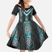 Paua Shell Taniko Pattern Aotearoa Kid Short Sleeve Dress Niho Taniwha Mix Poutama LT14 KID Turquoise - Polynesian Pride