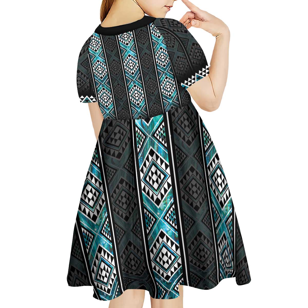 Paua Shell Taniko Pattern Aotearoa Kid Short Sleeve Dress Niho Taniwha Mix Poutama LT14 - Polynesian Pride