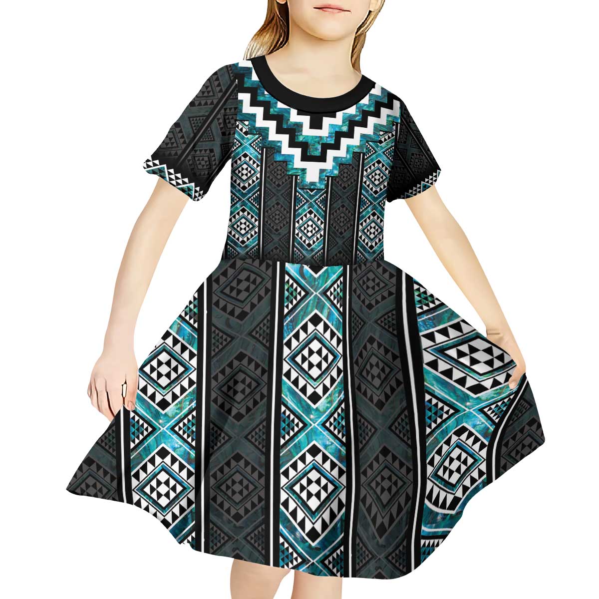 Paua Shell Taniko Pattern Aotearoa Kid Short Sleeve Dress Niho Taniwha Mix Poutama LT14 - Polynesian Pride