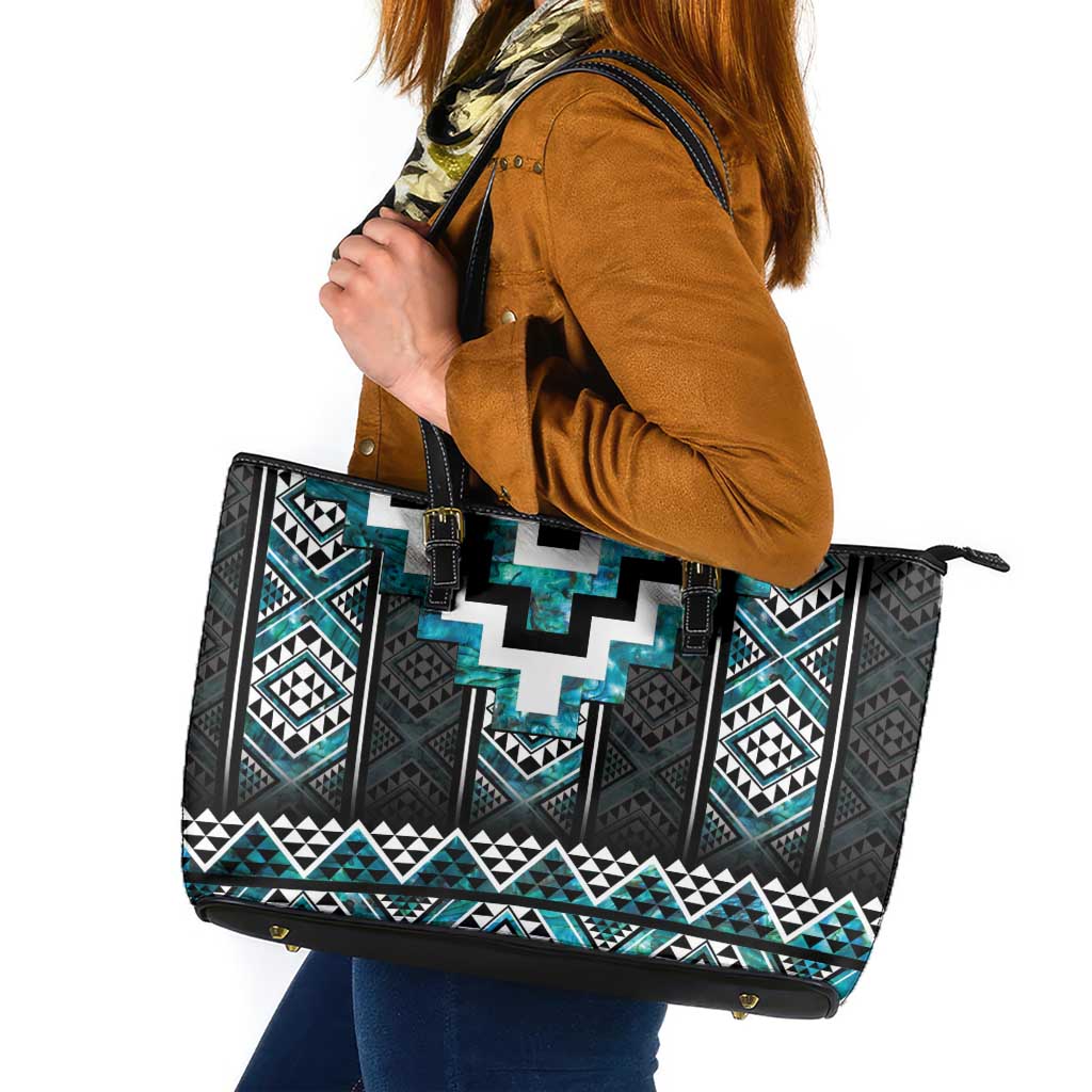 Paua Shell Taniko Pattern Aotearoa Leather Tote Bag Niho Taniwha Mix Poutama LT14 Turquoise - Polynesian Pride