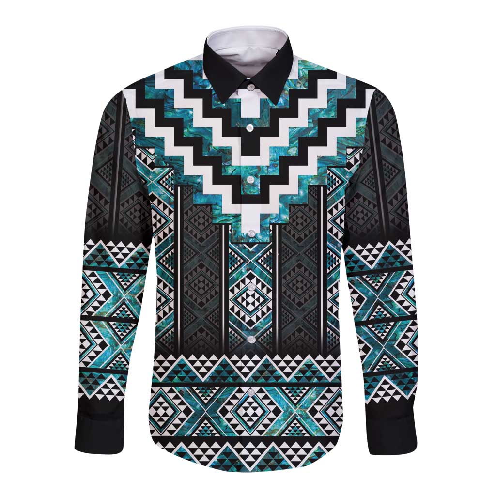 Paua Shell Taniko Pattern Aotearoa Long Sleeve Button Shirt Niho Taniwha Mix Poutama