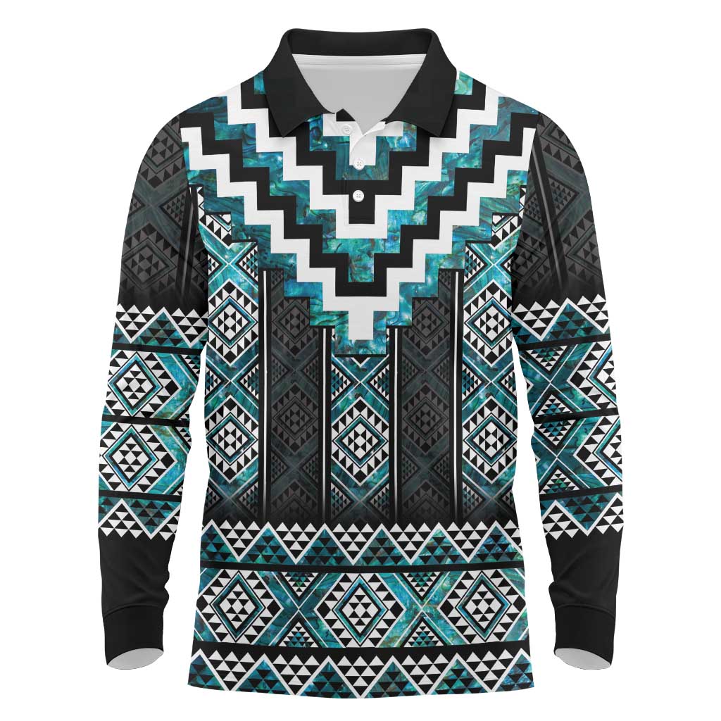 Paua Shell Taniko Pattern Aotearoa Long Sleeve Polo Shirt Niho Taniwha Mix Poutama LT14 Turquoise - Polynesian Pride