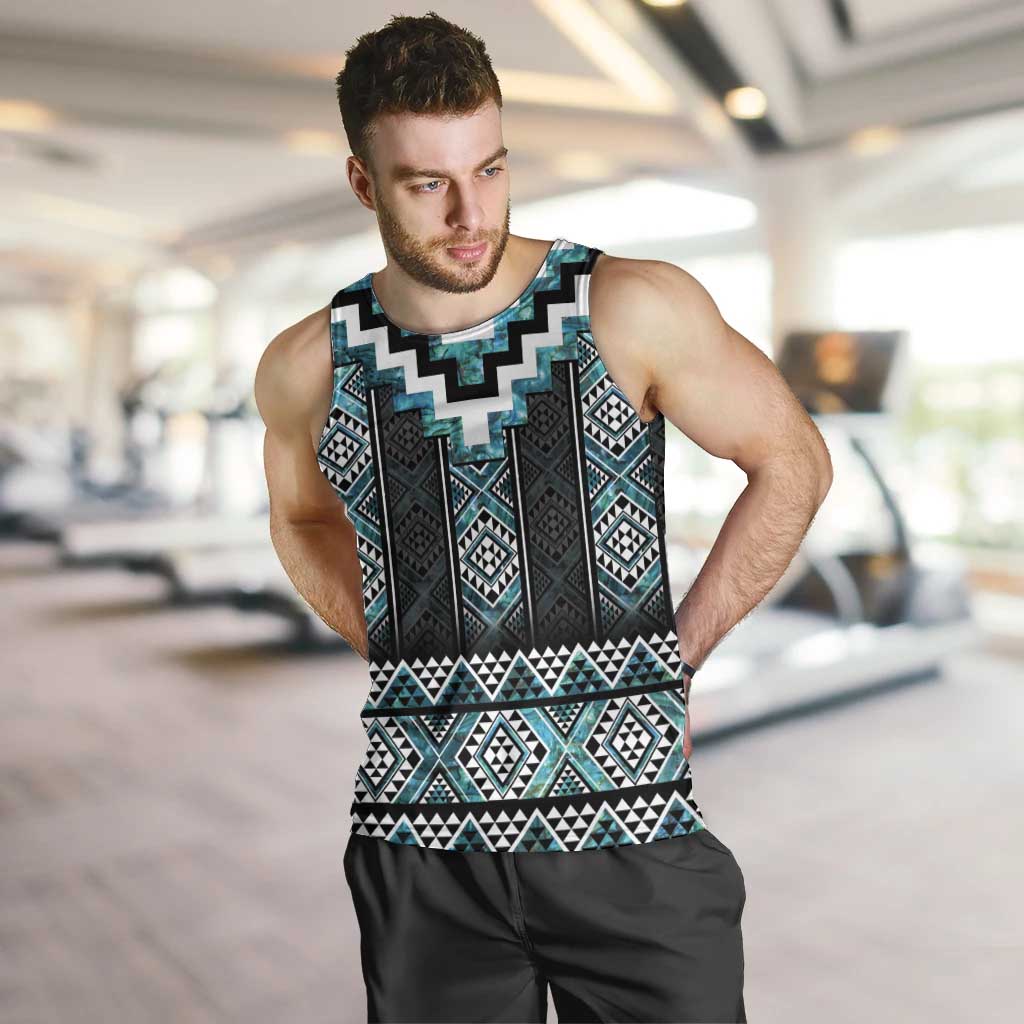 Paua Shell Taniko Pattern Aotearoa Men Tank Top Niho Taniwha Mix Poutama LT14 Turquoise - Polynesian Pride