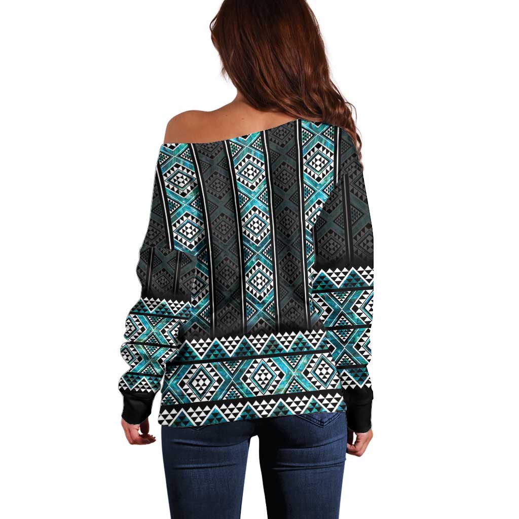 Paua Shell Taniko Pattern Aotearoa Off Shoulder Sweater Niho Taniwha Mix Poutama