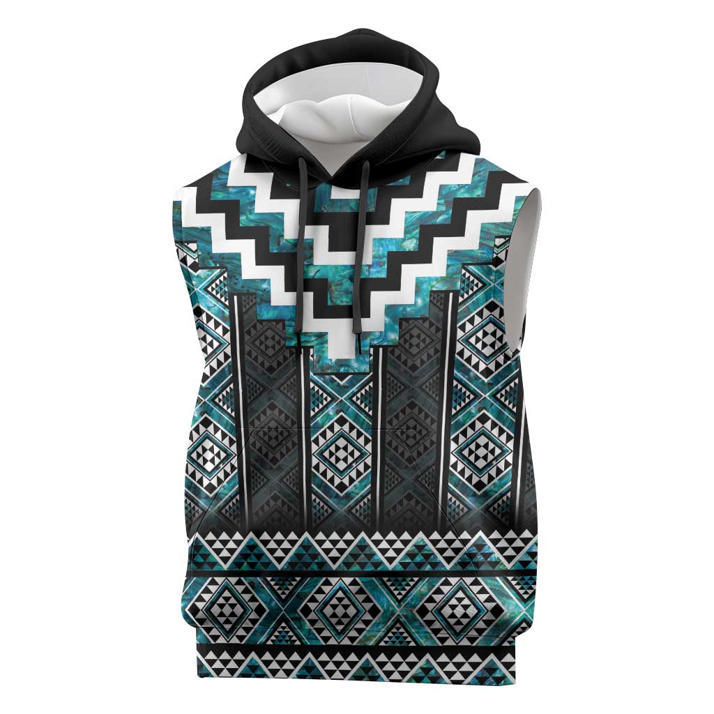 Paua Shell Taniko Pattern Aotearoa Sleeveless Hoodie Niho Taniwha Mix Poutama LT14 Turquoise - Polynesian Pride