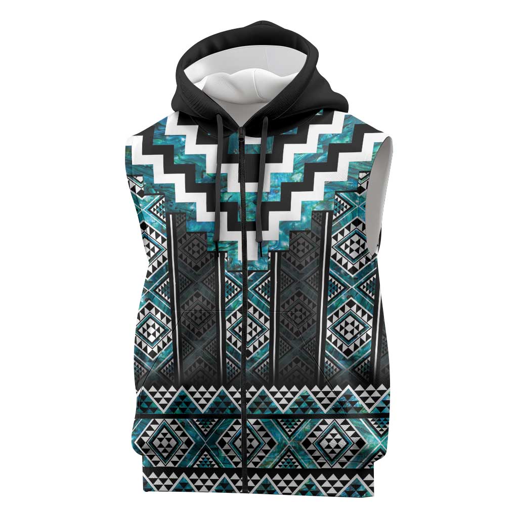 Paua Shell Taniko Pattern Aotearoa Sleeveless Zip Hoodie Niho Taniwha Mix Poutama LT14 Turquoise - Polynesian Pride