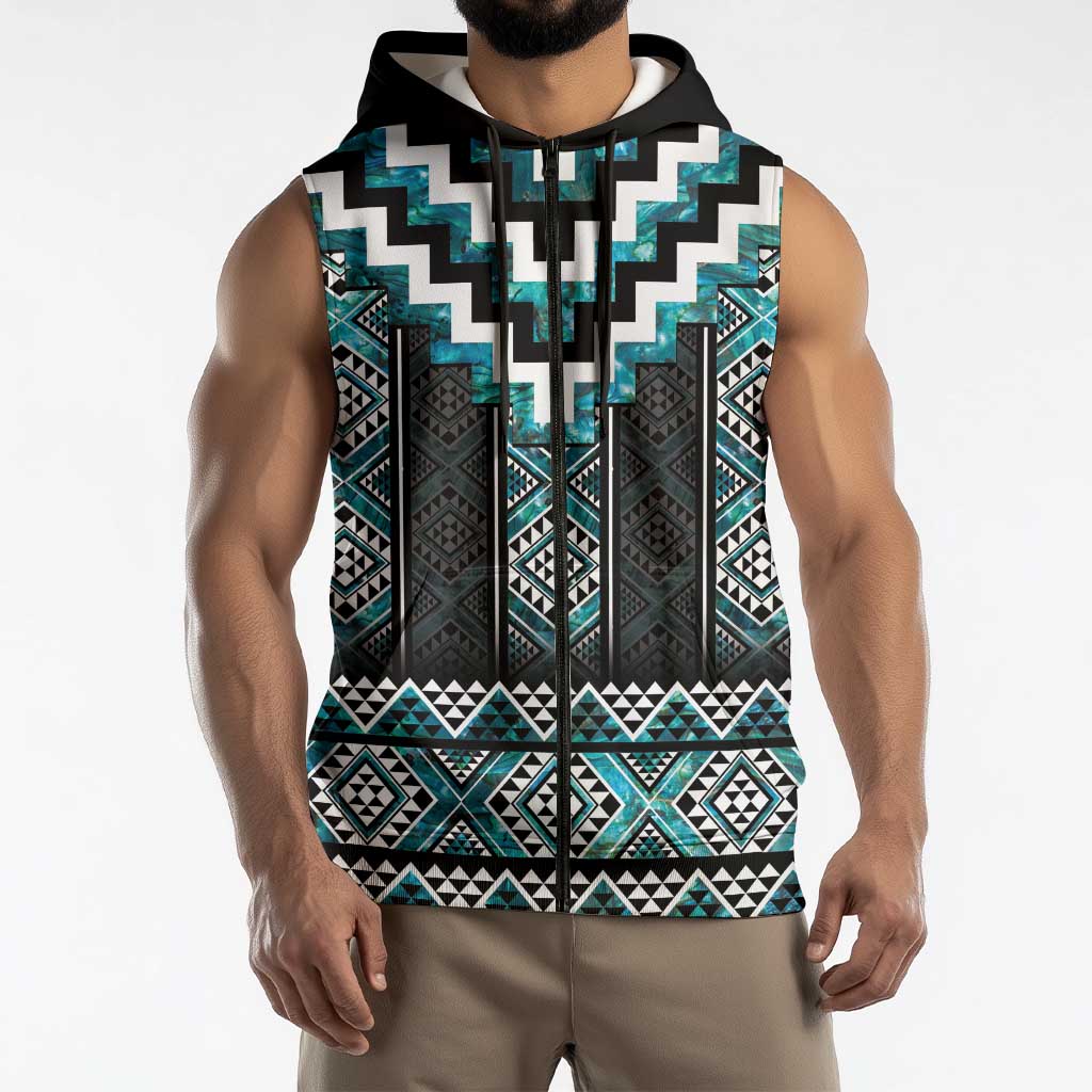Paua Shell Taniko Pattern Aotearoa Sleeveless Zip Hoodie Niho Taniwha Mix Poutama LT14 - Polynesian Pride