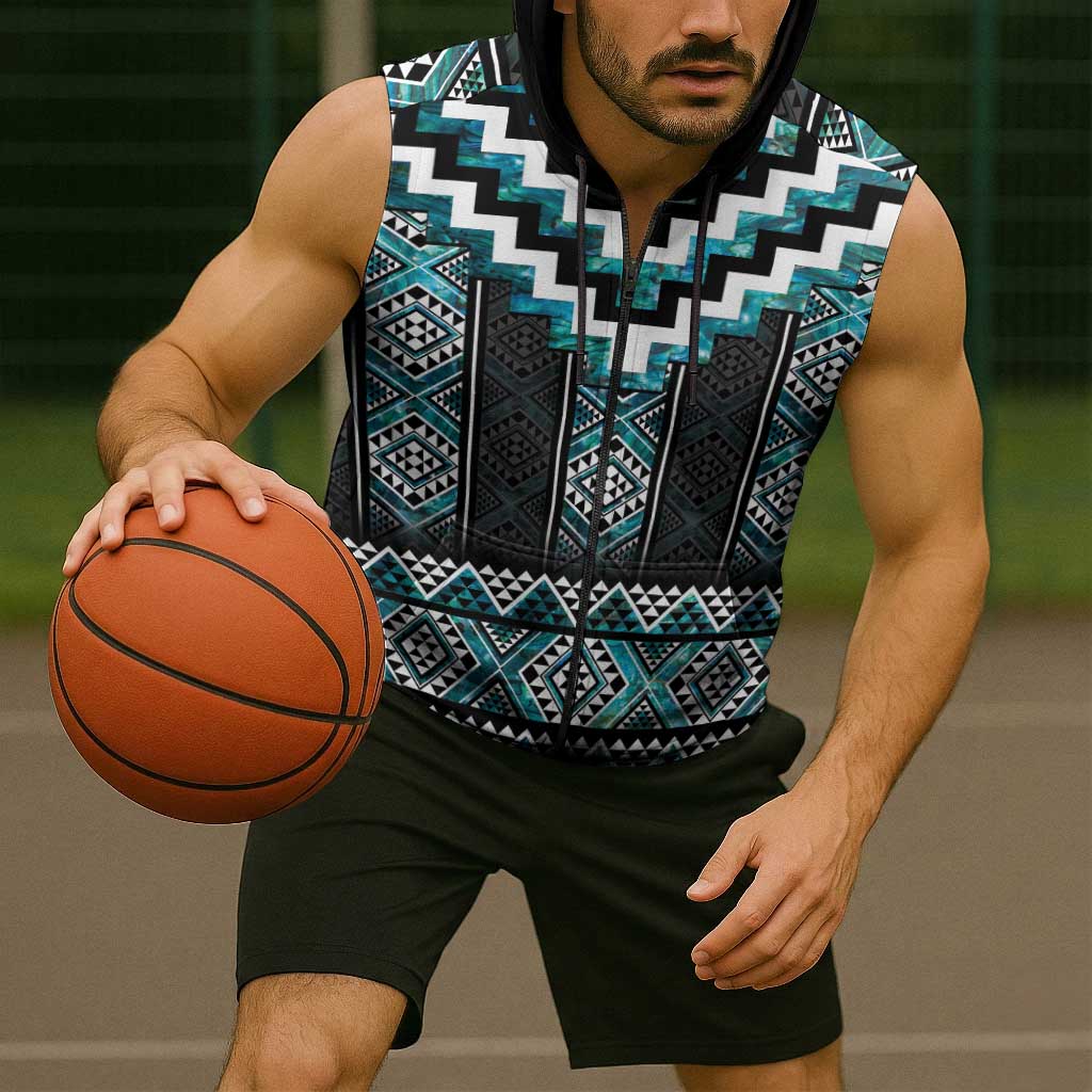 Paua Shell Taniko Pattern Aotearoa Sleeveless Zip Hoodie Niho Taniwha Mix Poutama LT14 - Polynesian Pride