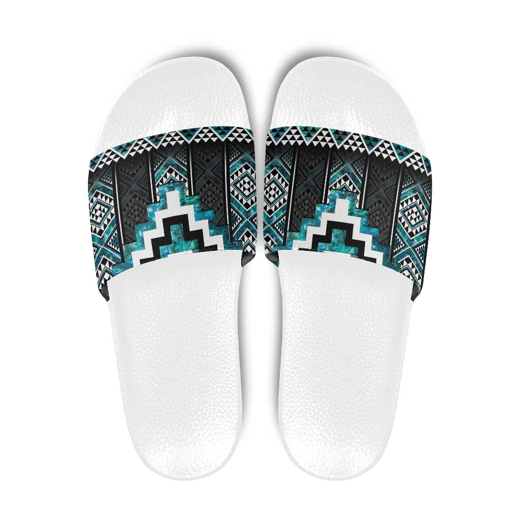 Paua Shell Taniko Pattern Aotearoa Slide Sandals Niho Taniwha Mix Poutama - Polynesian Pride