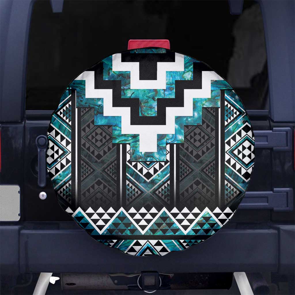 Paua Shell Taniko Pattern Aotearoa Spare Tire Cover Niho Taniwha Mix Poutama LT14 No hole Turquoise - Polynesian Pride