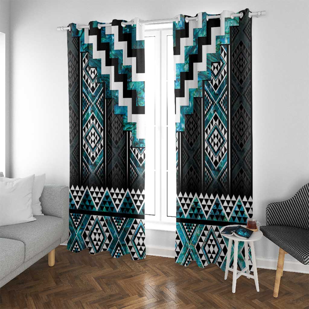 Paua Shell Taniko Pattern Aotearoa Window Curtain Niho Taniwha Mix Poutama LT14 With Grommets Turquoise - Polynesian Pride