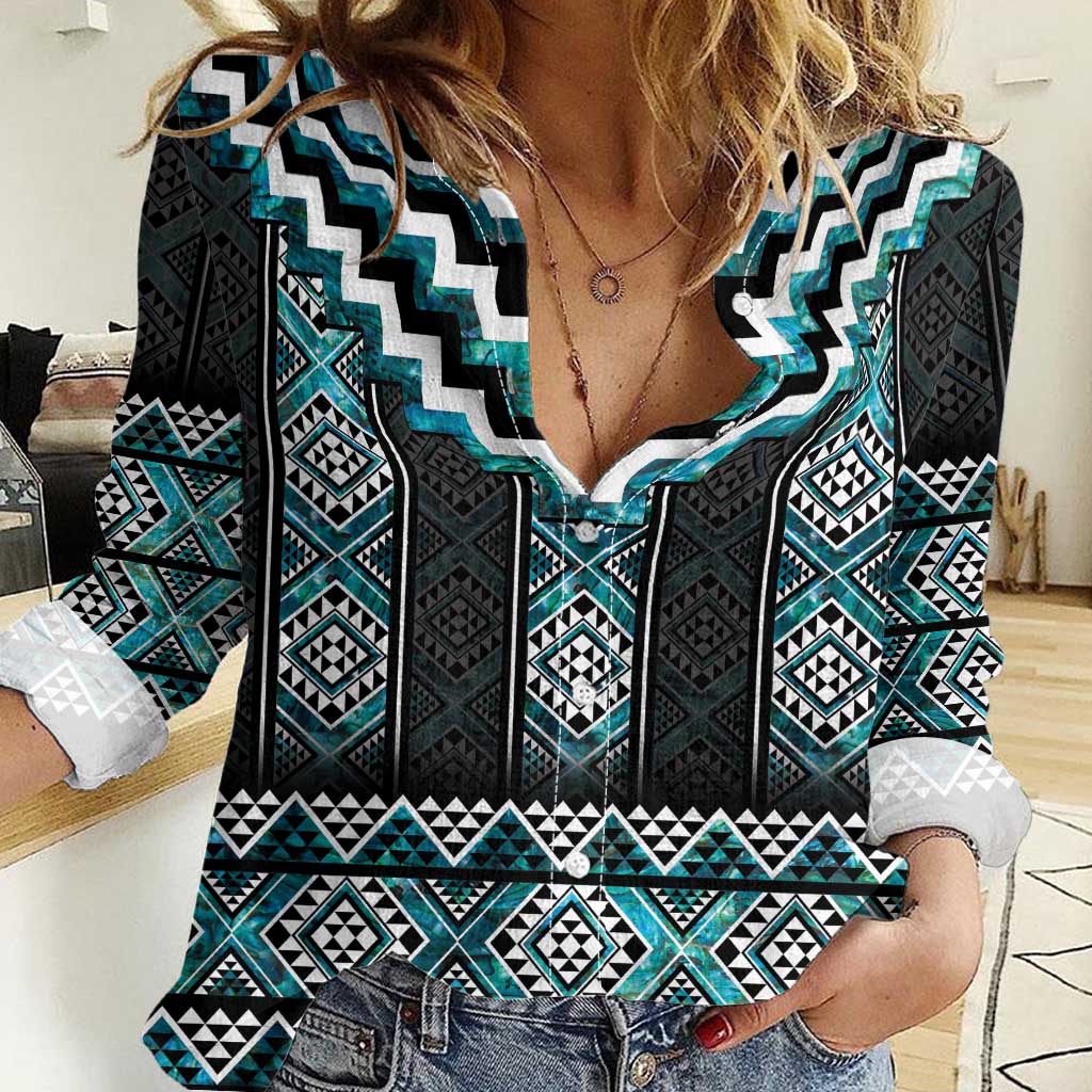 Paua Shell Taniko Pattern Aotearoa Women Casual Shirt Niho Taniwha Mix Poutama LT14 Female Turquoise - Polynesian Pride
