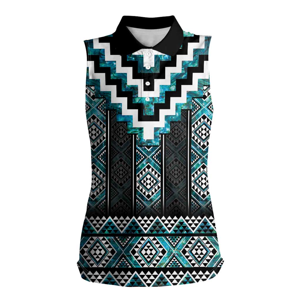 Paua Shell Taniko Pattern Aotearoa Women Sleeveless Polo Shirt Niho Taniwha Mix Poutama LT14 Female Turquoise - Polynesian Pride