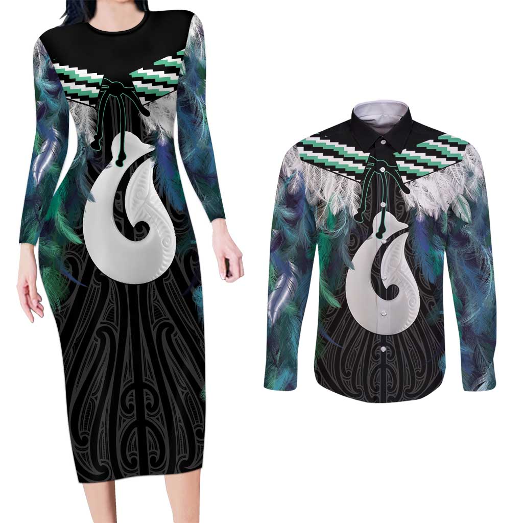 Aotearoa Korowai Motif Couples Matching Long Sleeve Bodycon Dress and Long Sleeve Button Shirt Hei Matau Poutama Maori Pattern LT14 Turquoise - Polynesian Pride