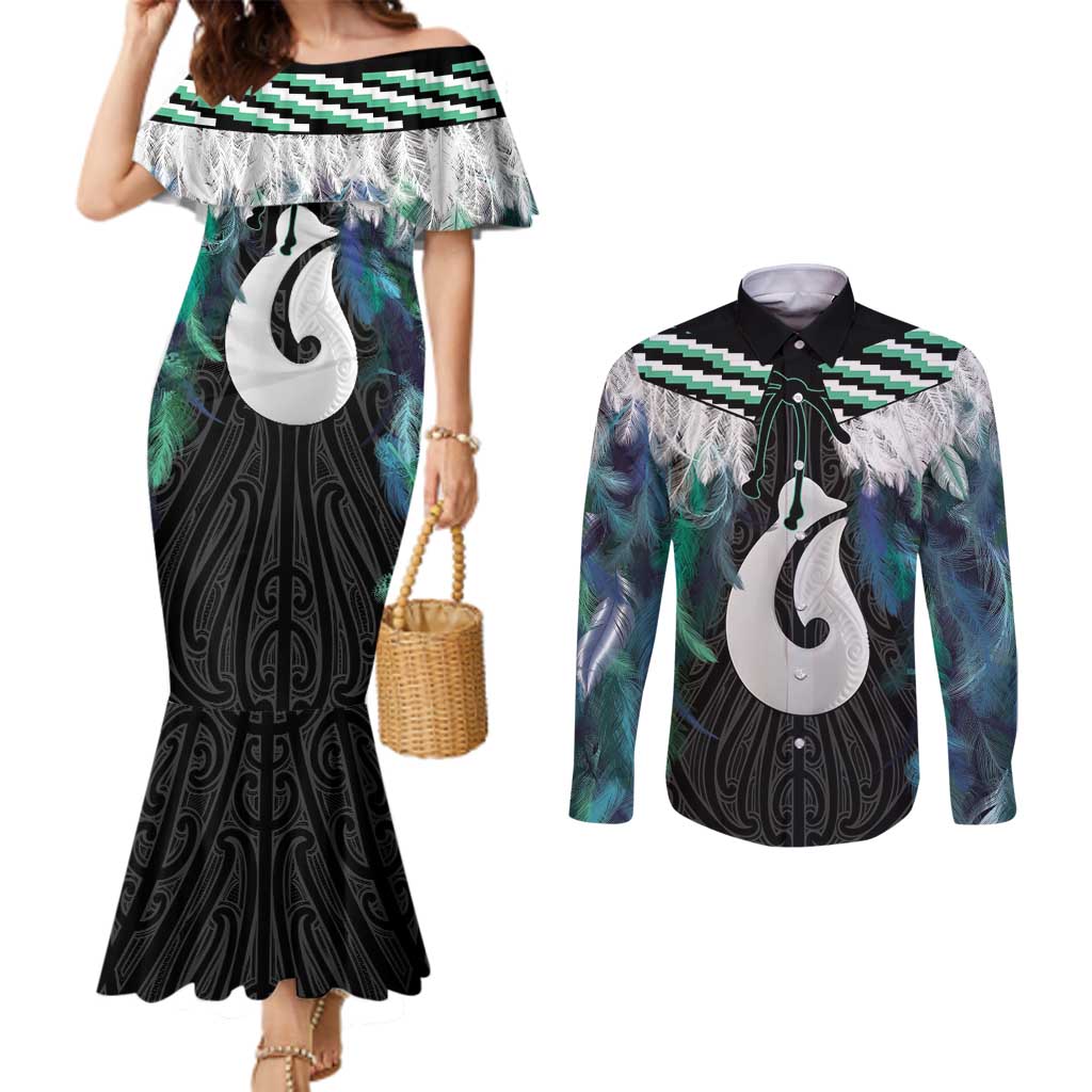 Aotearoa Korowai Motif Couples Matching Mermaid Dress and Long Sleeve Button Shirt Hei Matau Poutama Maori Pattern LT14 Turquoise - Polynesian Pride