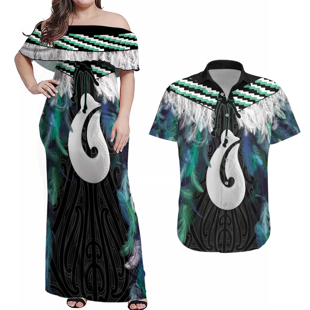 Aotearoa Korowai Motif Couples Matching Off Shoulder Maxi Dress and Hawaiian Shirt Hei Matau Poutama Maori Pattern LT14 Turquoise - Polynesian Pride