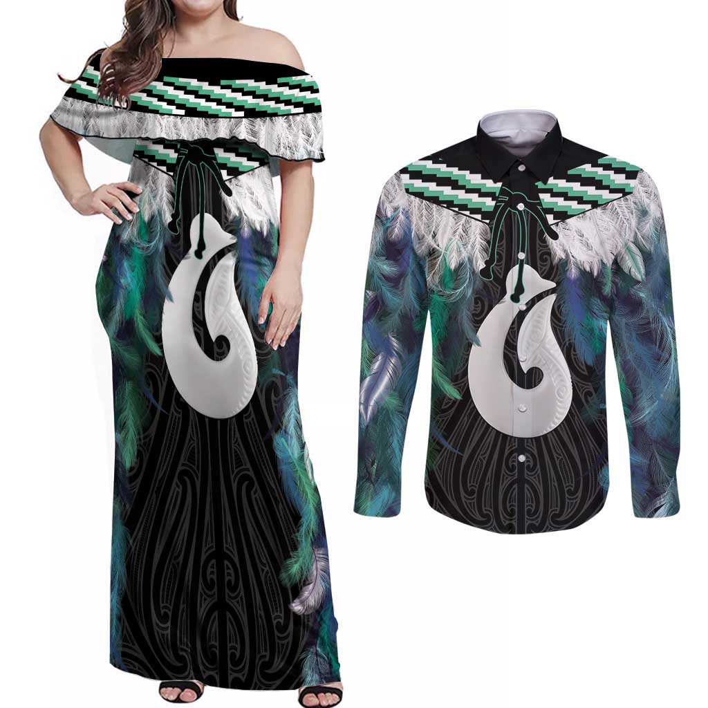 Aotearoa Korowai Motif Couples Matching Off Shoulder Maxi Dress and Long Sleeve Button Shirt Hei Matau Poutama Maori Pattern LT14 Turquoise - Polynesian Pride