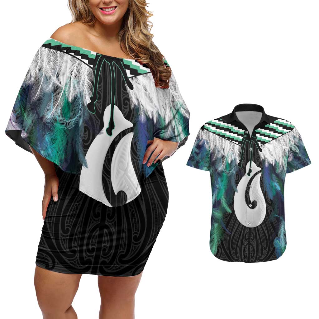 Aotearoa Korowai Motif Couples Matching Off Shoulder Short Dress and Hawaiian Shirt Hei Matau Poutama Maori Pattern LT14 Turquoise - Polynesian Pride