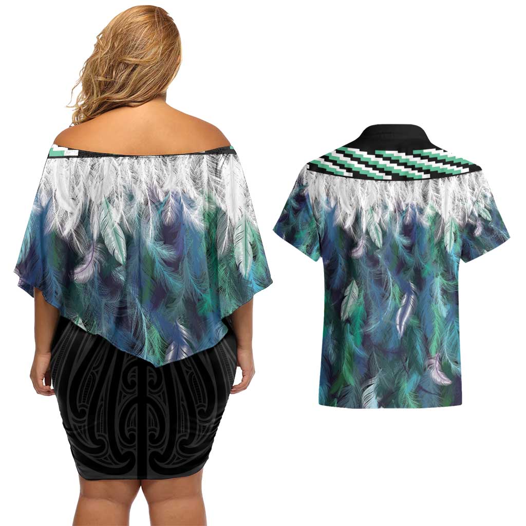 Aotearoa Korowai Motif Couples Matching Off Shoulder Short Dress and Hawaiian Shirt Hei Matau Poutama Maori Pattern LT14 - Polynesian Pride
