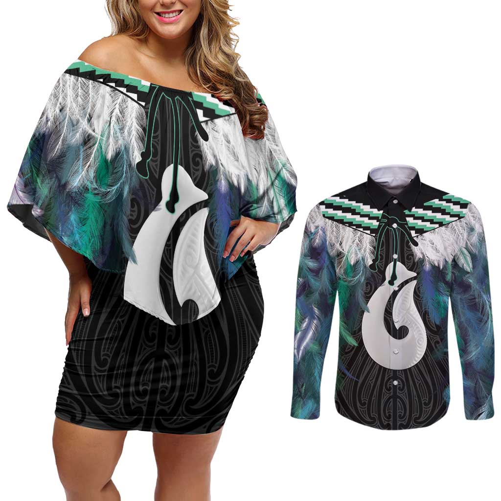 Aotearoa Korowai Motif Couples Matching Off Shoulder Short Dress and Long Sleeve Button Shirt Hei Matau Poutama Maori Pattern LT14 Turquoise - Polynesian Pride