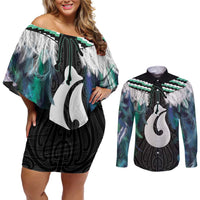 Aotearoa Korowai Motif Couples Matching Off Shoulder Short Dress and Long Sleeve Button Shirt Hei Matau Poutama Maori Pattern LT14 Turquoise - Polynesian Pride