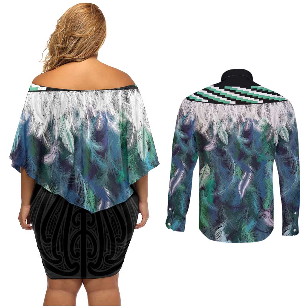 Aotearoa Korowai Motif Couples Matching Off Shoulder Short Dress and Long Sleeve Button Shirt Hei Matau Poutama Maori Pattern LT14 - Polynesian Pride