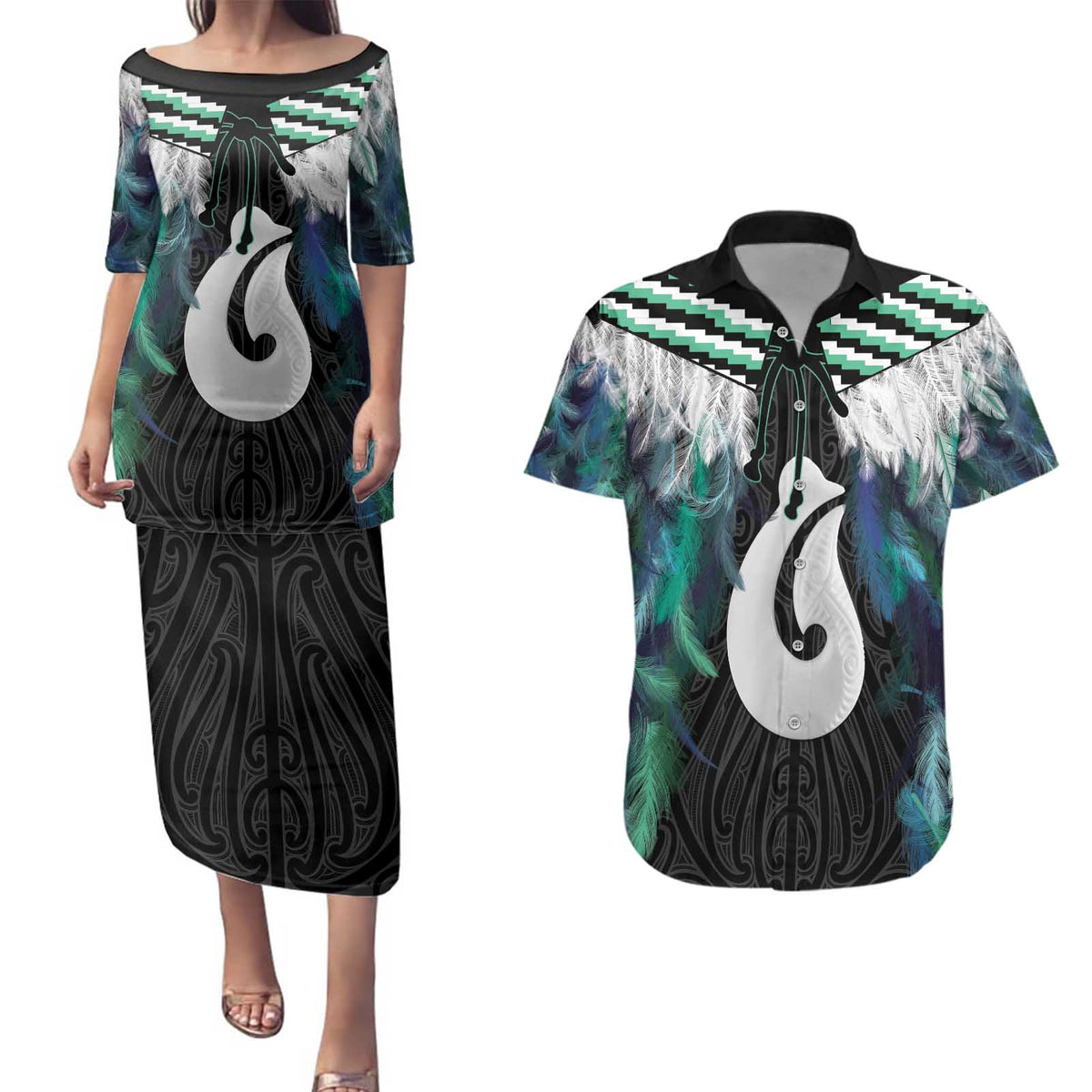 Aotearoa Korowai Motif Couples Matching Puletasi and Hawaiian Shirt Hei Matau Poutama Maori Pattern LT14 Turquoise - Polynesian Pride