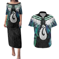 Aotearoa Korowai Motif Couples Matching Puletasi and Hawaiian Shirt Hei Matau Poutama Maori Pattern LT14 Turquoise - Polynesian Pride