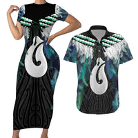 Aotearoa Korowai Motif Couples Matching Short Sleeve Bodycon Dress and Hawaiian Shirt Hei Matau Poutama Maori Pattern LT14 Turquoise - Polynesian Pride