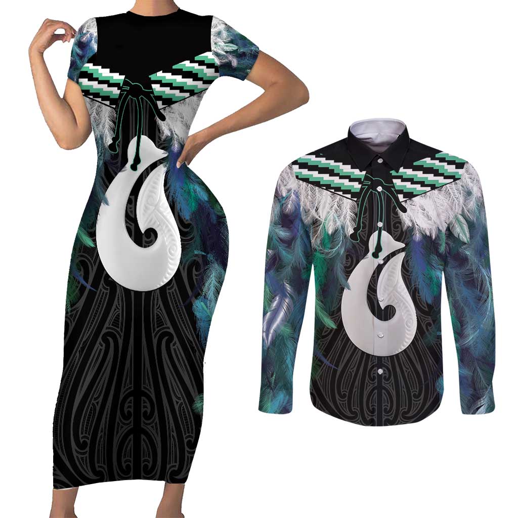 Aotearoa Korowai Motif Couples Matching Short Sleeve Bodycon Dress and Long Sleeve Button Shirt Hei Matau Poutama Maori Pattern LT14 Turquoise - Polynesian Pride