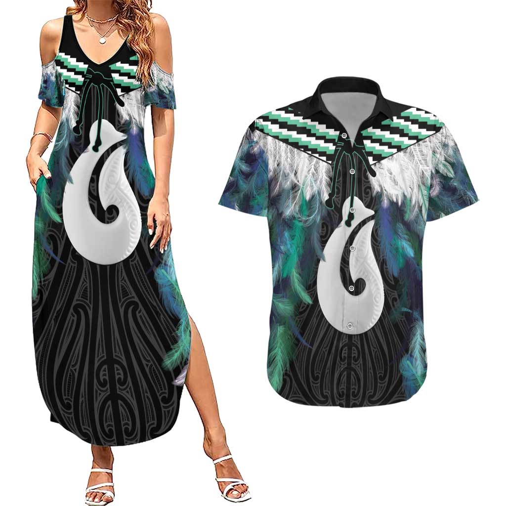 Aotearoa Korowai Motif Couples Matching Summer Maxi Dress and Hawaiian Shirt Hei Matau Poutama Maori Pattern LT14 Turquoise - Polynesian Pride