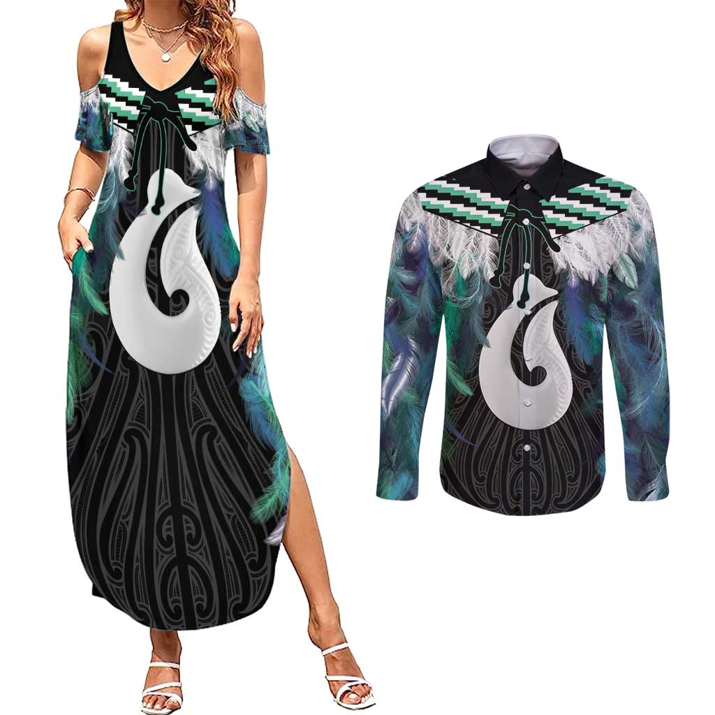 Aotearoa Korowai Motif Couples Matching Summer Maxi Dress and Long Sleeve Button Shirt Hei Matau Poutama Maori Pattern LT14 Turquoise - Polynesian Pride