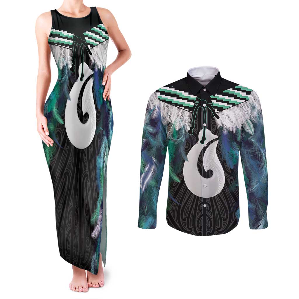 Aotearoa Korowai Motif Couples Matching Tank Maxi Dress and Long Sleeve Button Shirt Hei Matau Poutama Maori Pattern LT14 Turquoise - Polynesian Pride