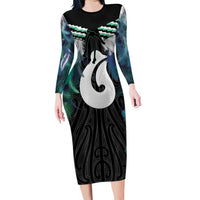 Aotearoa Korowai Motif Family Matching Long Sleeve Bodycon Dress and Hawaiian Shirt Hei Matau Poutama Maori Pattern LT14 Mom's Dress Turquoise - Polynesian Pride