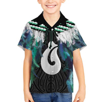 Aotearoa Korowai Motif Family Matching Off The Shoulder Long Sleeve Dress and Hawaiian Shirt Hei Matau Poutama Maori Pattern LT14 Son's Shirt Turquoise - Polynesian Pride