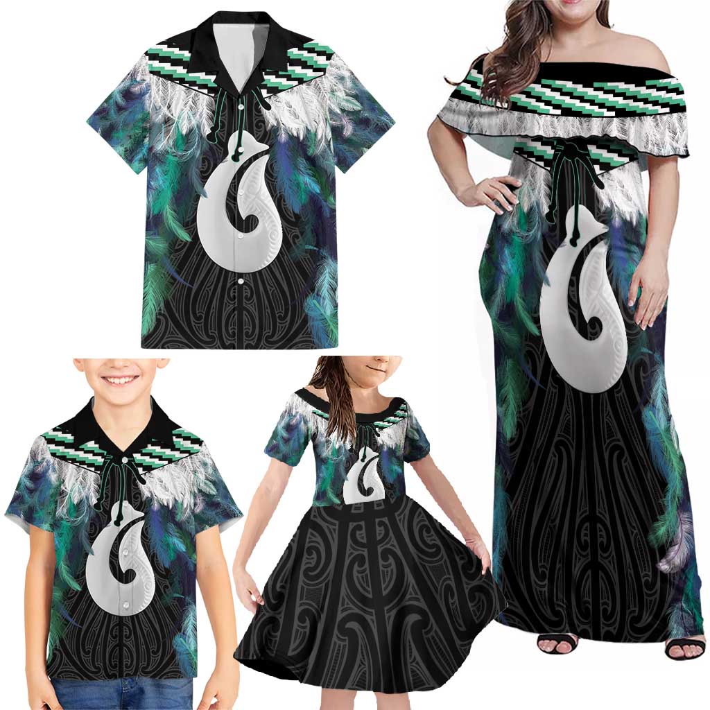 Aotearoa Korowai Motif Family Matching Off Shoulder Maxi Dress and Hawaiian Shirt Hei Matau Poutama Maori Pattern LT14 - Polynesian Pride