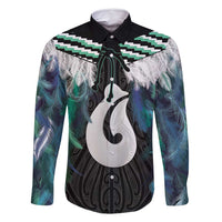 Aotearoa Korowai Motif Family Matching Off Shoulder Short Dress and Hawaiian Shirt Hei Matau Poutama Maori Pattern LT14 Dad's Shirt - Long Sleeve Turquoise - Polynesian Pride