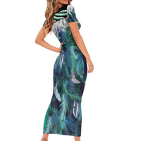 Aotearoa Korowai Motif Short Sleeve Bodycon Dress Hei Matau Poutama Maori Pattern