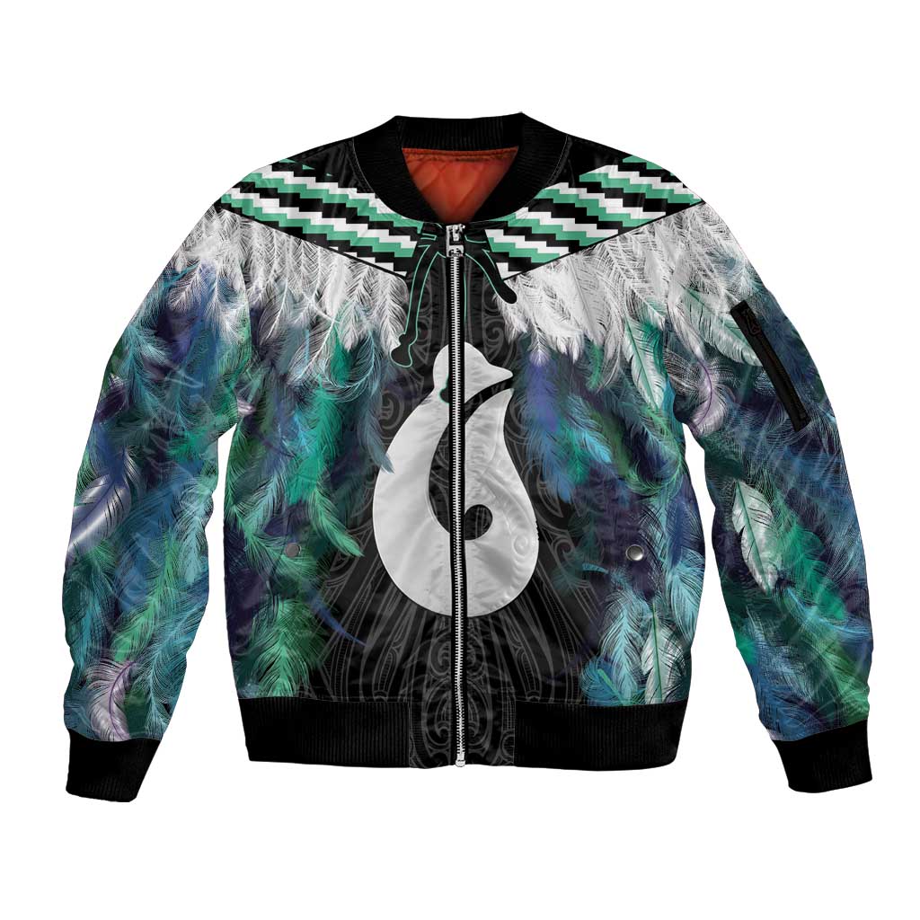 Aotearoa Korowai Motif Sleeve Zip Bomber Jacket Hei Matau Poutama Maori Pattern LT14 Unisex Turquoise - Polynesian Pride