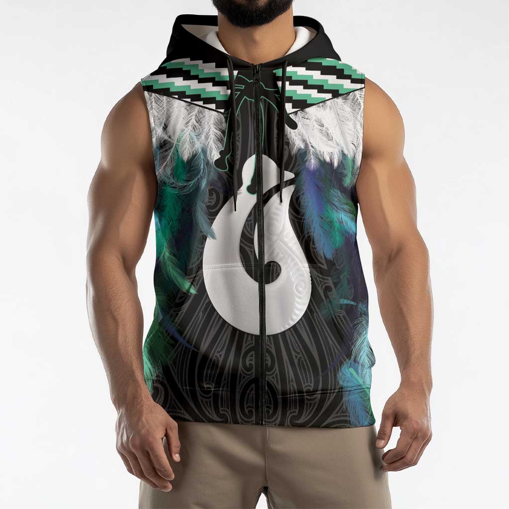 Aotearoa Korowai Motif Sleeveless Zip Hoodie Hei Matau Poutama Maori Pattern LT14