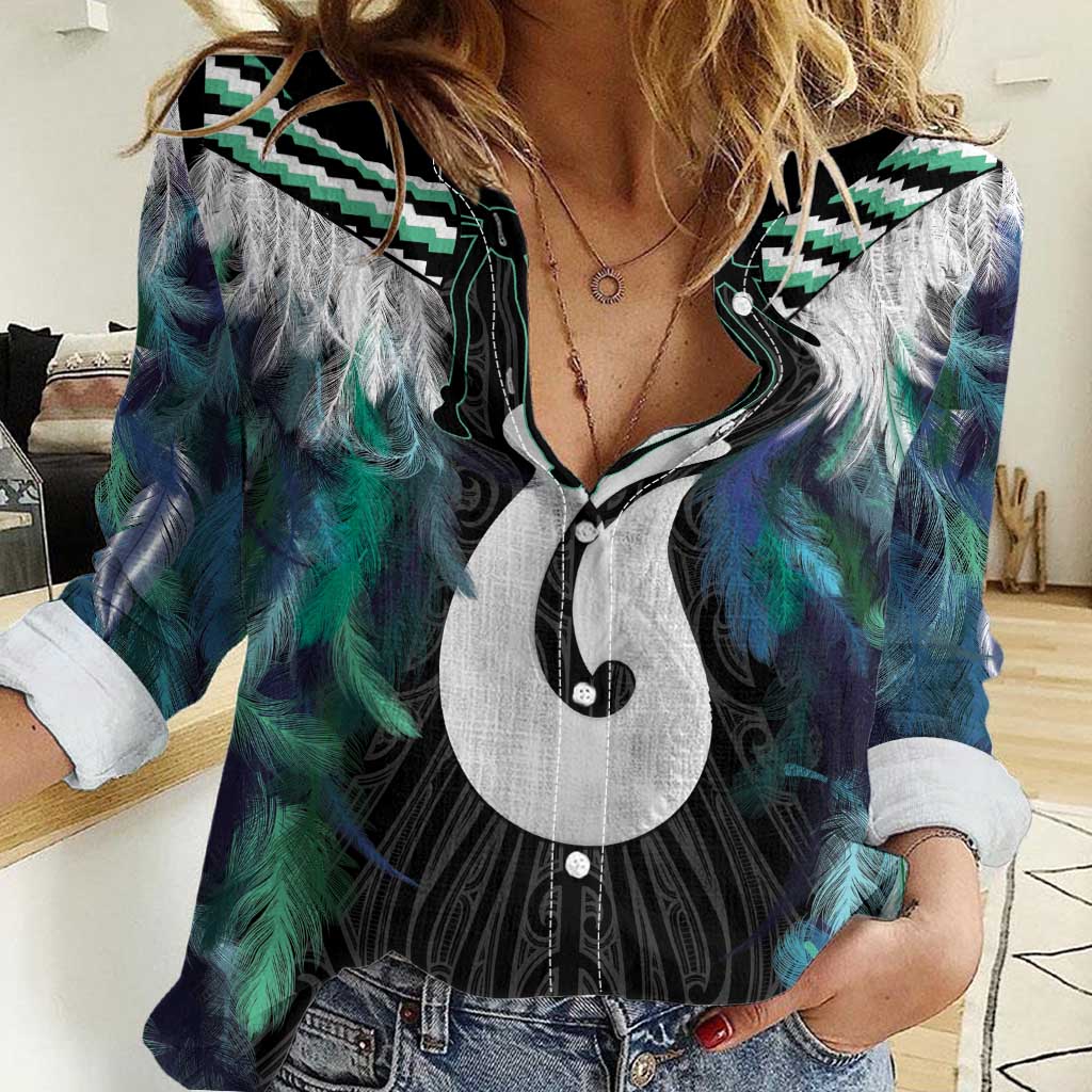 Aotearoa Korowai Motif Women Casual Shirt Hei Matau Poutama Maori Pattern LT14 Female Turquoise - Polynesian Pride