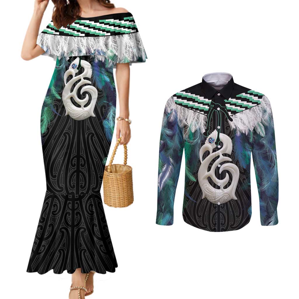 Aotearoa Korowai Motif Couples Matching Mermaid Dress and Long Sleeve Button Shirt Hei Manaia Poutama Maori Pattern LT14 Turquoise - Polynesian Pride