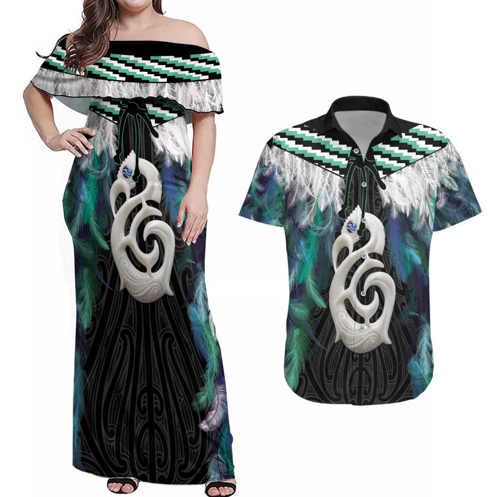 Aotearoa Korowai Motif Couples Matching Off Shoulder Maxi Dress and Hawaiian Shirt Hei Manaia Poutama Maori Pattern LT14 Turquoise - Polynesian Pride