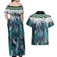 Aotearoa Korowai Motif Couples Matching Off Shoulder Maxi Dress and Hawaiian Shirt Hei Manaia Poutama Maori Pattern LT14 - Polynesian Pride